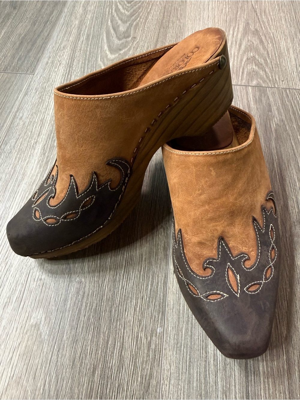 Colorado Spain Leather Western Cowboy Mule Cutout Stitching Wood Sole Size 6
